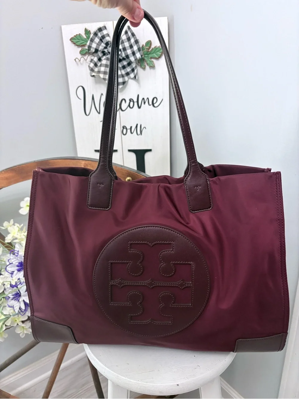 Tory Burch Maroon Nylon Logo Tote with Dark Brown Trim
